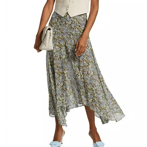 Veronica Beard Shilpa Floral Asymmetric Silk Skirt in Forest Army Multi - Picture 5 of 10